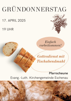 Flyer für Feierabendmahl an Gründonnerstag, Brot und Trauben auf beigem Hintergrund
