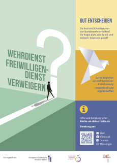 Verweis auf die Website Kirche an deiner Seite zur Beratung junger Menschen zu Wehrdienst, Freiwilligendienst und Verweigerung