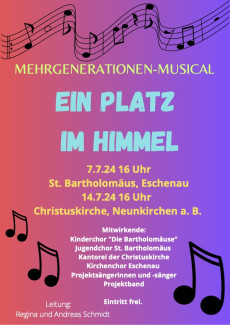 Plakat auf rot lila Hintergrund und schwarzen Notenbildern als Werbung für Musical Ein Platz im Himmel 