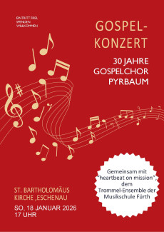 Plakat zum Konzert am 18.1. um 17 Uhr mit Gospelchor Pyrbaum, Noten auf rotem Hintergrund