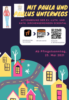 Plakat mit Paula und Paulus QR Code für Actionbound APP